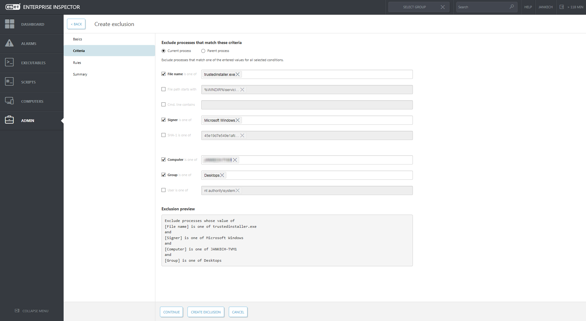 ESET-Enterprise-Inspector exclusion criteria